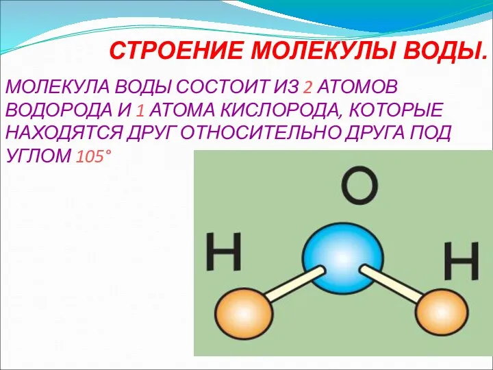 СТРОЕНИЕ МОЛЕКУЛЫ ВОДЫ. МОЛЕКУЛА ВОДЫ СОСТОИТ ИЗ 2 АТОМОВ ВОДОРОДА И 1