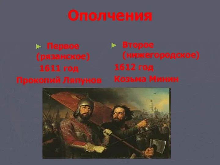 Ополчения Первое (рязанское) 1611 год Прокопий Ляпунов Второе (нижегородское) 1612 год Козьма Минин