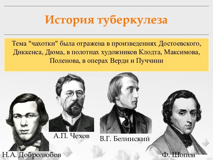 Тема "чахотки" была отражена в произведениях Достоевского, Диккенса, Дюма, в полотнах художников