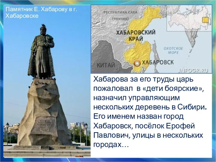 Памятник Е. Хабарову в г. Хабаровске Хабарова за его труды царь пожаловал
