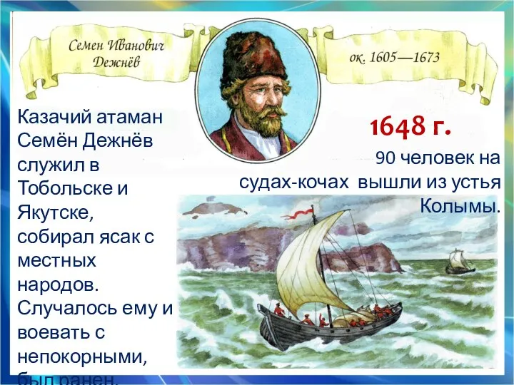 1648 г. Казачий атаман Семён Дежнёв служил в Тобольске и Якутске, собирал