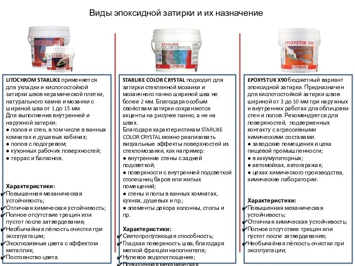 Виды эпоксидной затирки и их назначение LITOCHROM STARLIKE применяется для укладки и