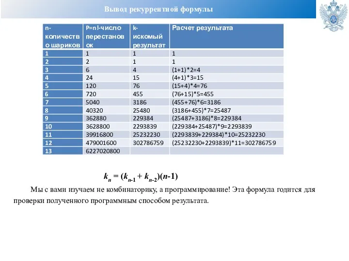 Вывод рекуррентной формулы kn = (kn-1 + kn-2)(n-1) Мы с вами изучаем