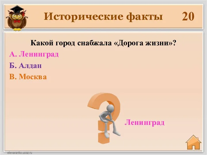 Исторические факты 20 Ленинград Какой город снабжала «Дорога жизни»? А. Ленинград Б. Алдан В. Москва