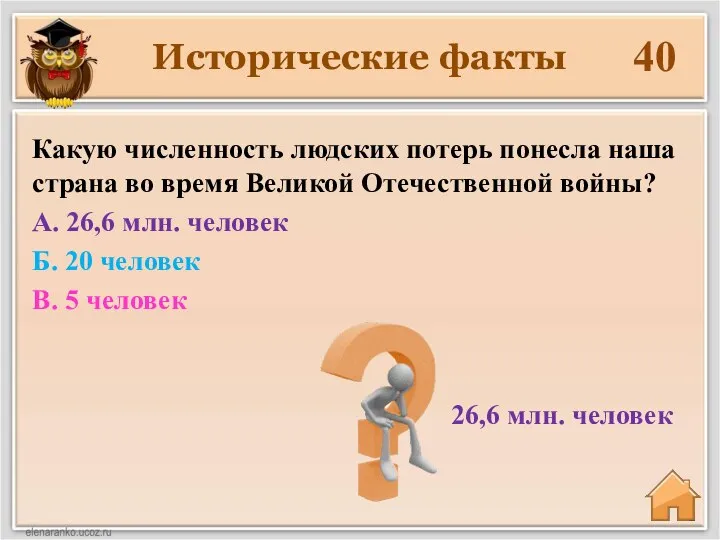 Исторические факты 40 26,6 млн. человек Какую численность людских потерь понесла наша