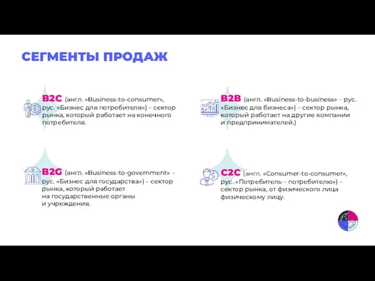 СЕГМЕНТЫ ПРОДАЖ B2C (англ. «Business-to-consumer», рус. «Бизнес для потребителя») – сектор рынка,