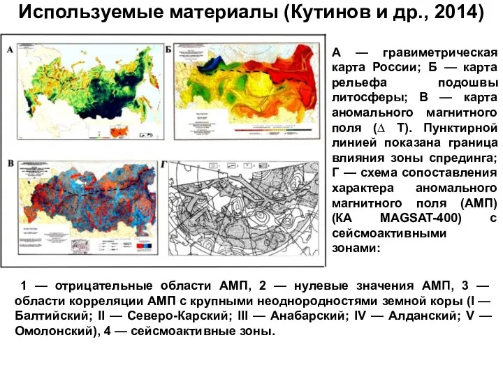 Используемые материалы (Кутинов и др., 2014) А — гравиметрическая карта России; Б