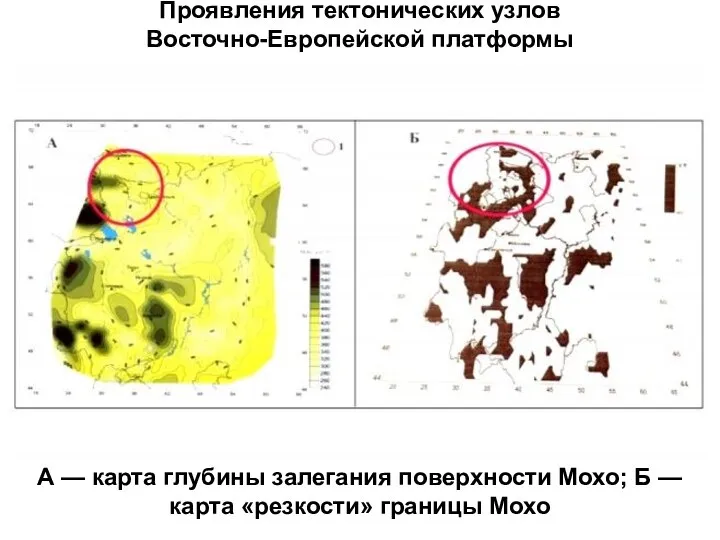 Проявления тектонических узлов Восточно-Европейской платформы А — карта глубины залегания поверхности Мохо;
