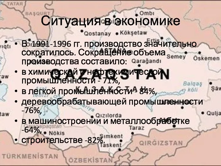 Ситуация в экономике В 1991-1996 гг. производство значительно сократилось. Сокращение объема производства