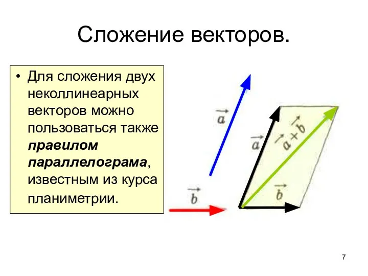 Сложение векторов. Для сложения двух неколлинеарных векторов можно пользоваться также правилом параллелограма, известным из курса планиметрии.