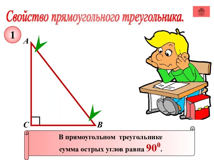 Свойство прямоугольного треугольника. А В С В прямоугольном треугольнике сумма острых углов равна 900. 1