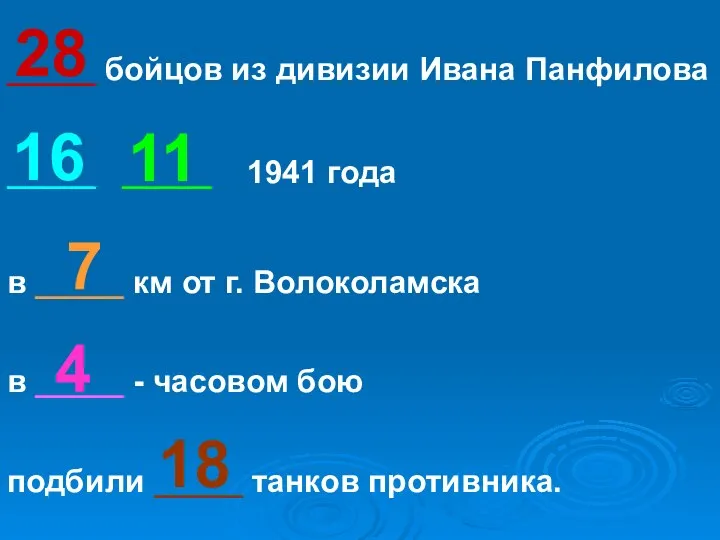 _____ бойцов из дивизии Ивана Панфилова _____ _____ 1941 года в _____