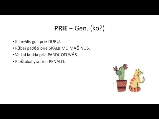 PRIE + Gen. (ko?) Kilimėlis guli prie DURŲ. Rūbai padėti prie SKALBIMO