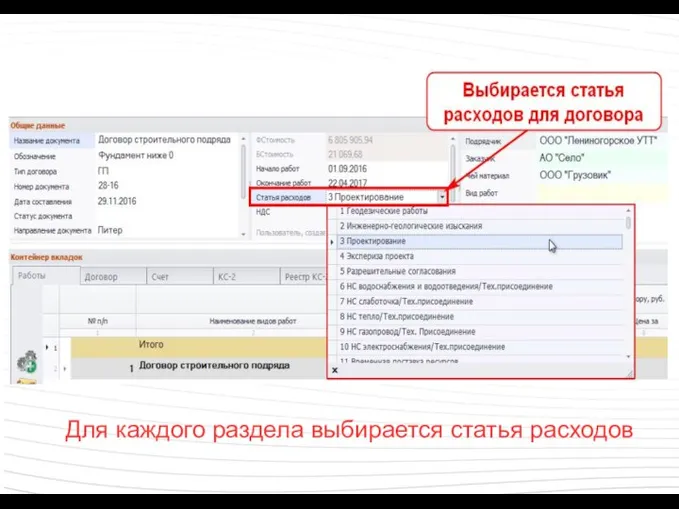 Для каждого раздела выбирается статья расходов