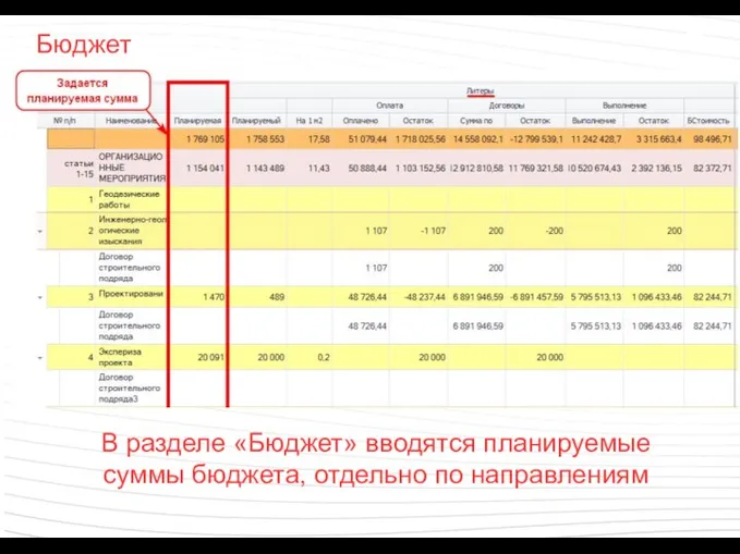 Бюджет В разделе «Бюджет» вводятся планируемые суммы бюджета, отдельно по направлениям