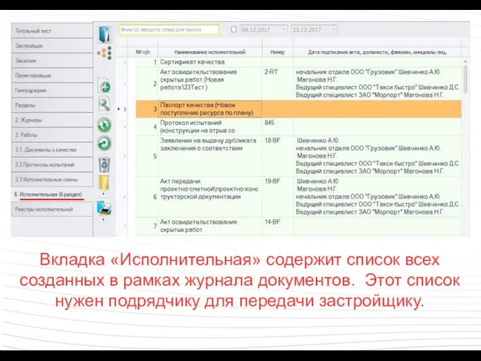 Вкладка «Исполнительная» содержит список всех созданных в рамках журнала документов. Этот список