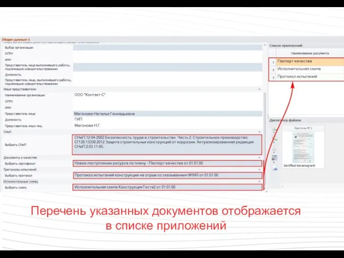 Перечень указанных документов отображается в списке приложений