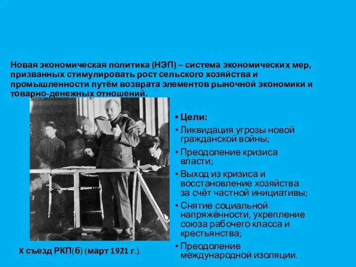 X съезд РКП(б) (март 1921 г.). Новая экономическая политика (НЭП) – система