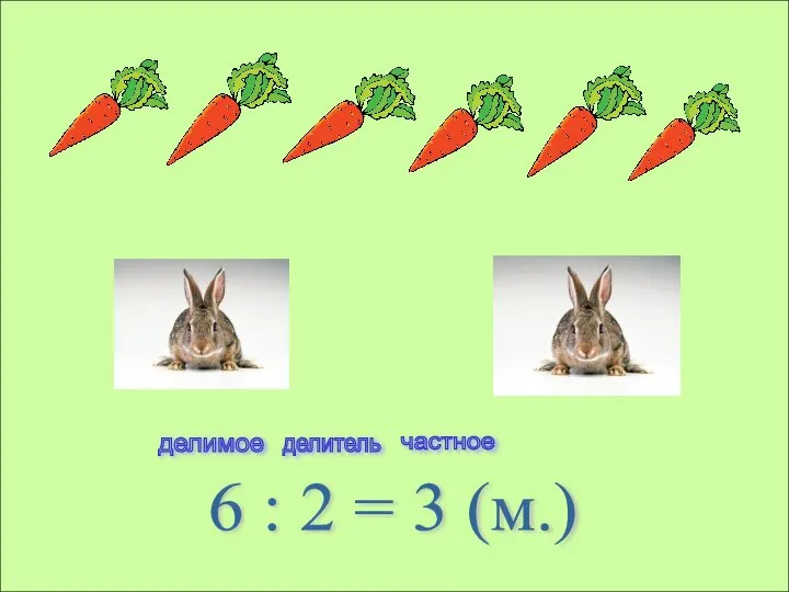 6 : 2 = 3 (м.) делимое делитель частное