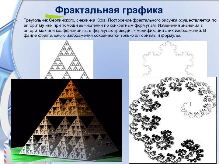 Фрактальная графика Треугольник Серпинского, снежинка Коха. Построение фрактального рисунка осуществляется по алгоритму