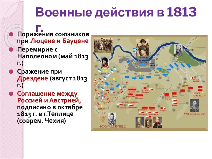 Военные действия в 1813 г. Поражения союзников при Люцене и Бауцене Перемирие