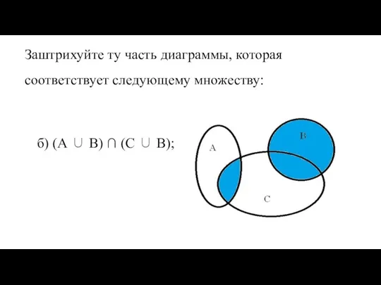 Заштрихуйте ту часть диаграммы, которая соответствует следующему множеству: б) (А ∪ В) ∩ (С ∪ В);