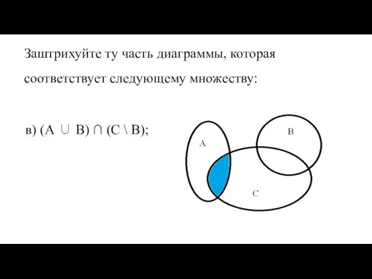 Заштрихуйте ту часть диаграммы, которая соответствует следующему множеству: в) (А ∪ В) ∩ (С \ В);
