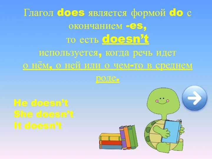 Глагол does является формой do с окончанием -es, то есть doesn’t используется,