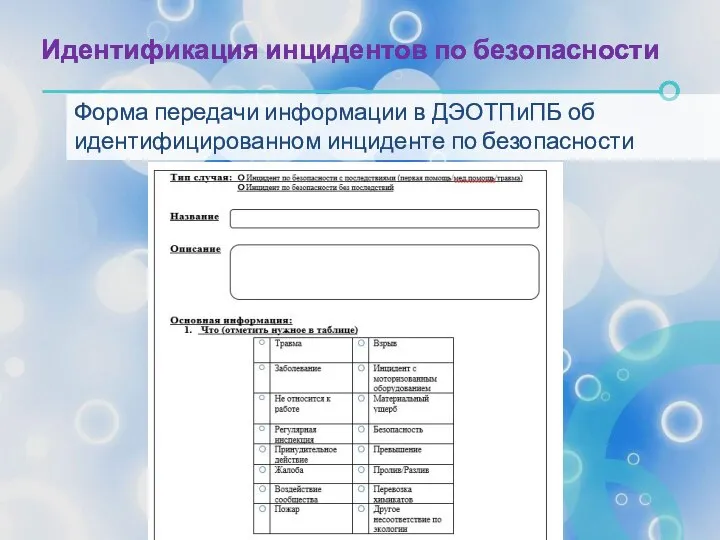 Идентификация инцидентов по безопасности Форма передачи информации в ДЭОТПиПБ об идентифицированном инциденте по безопасности
