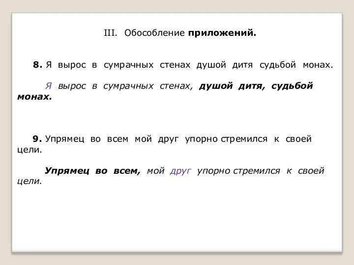 III. Обособление приложений. 8. Я вырос в сумрачных стенах душой дитя судьбой