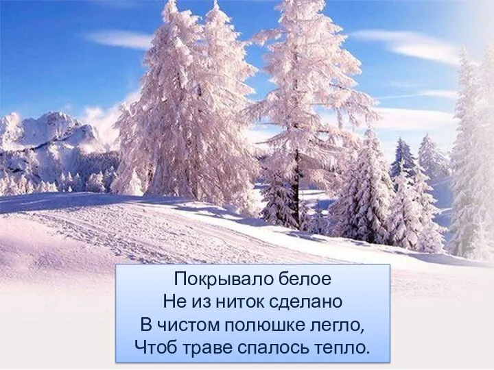 Покрывало белое Не из ниток сделано В чистом полюшке легло, Чтоб траве спалось тепло.