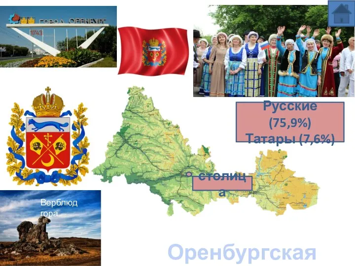 Русские (75,9%) Татары (7,6%) Оренбургская область Народы Верблюд гора Оренбург столица