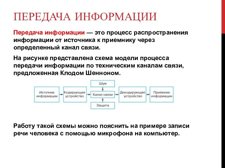 ПЕРЕДАЧА ИНФОРМАЦИИ Передача информации — это процесс распространения информации от источника к