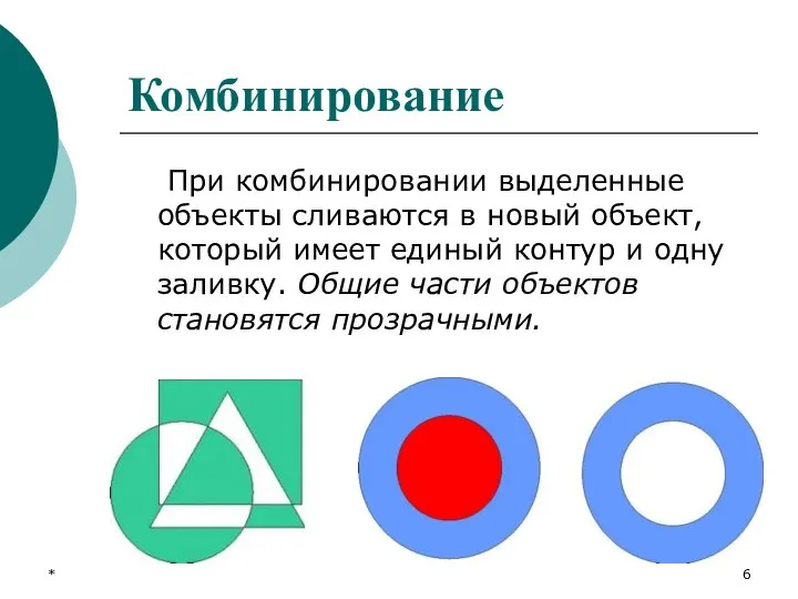 Комбинирование При комбинировании выделенные объекты сливаются в новый объект, который имеет единый