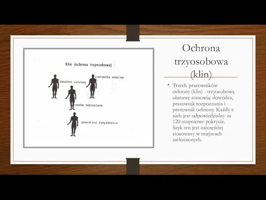 Ochrona trzyosobowa (klin) Trzech pracowników ochrony (klin) - trzyosobową obstawę stanowią: dowódca,