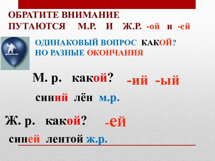 ОБРАТИТЕ ВНИМАНИЕ ПУТАЮТСЯ М.Р. И Ж.Р. -ой и -ей М. р. какой?