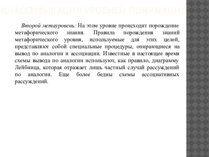 КЛАССИФИКАЦИЯ УРОВНЕЙ ПОНИМАНИЯ Второй метауровень: На этом уровне происходит порождение метафорического знания.