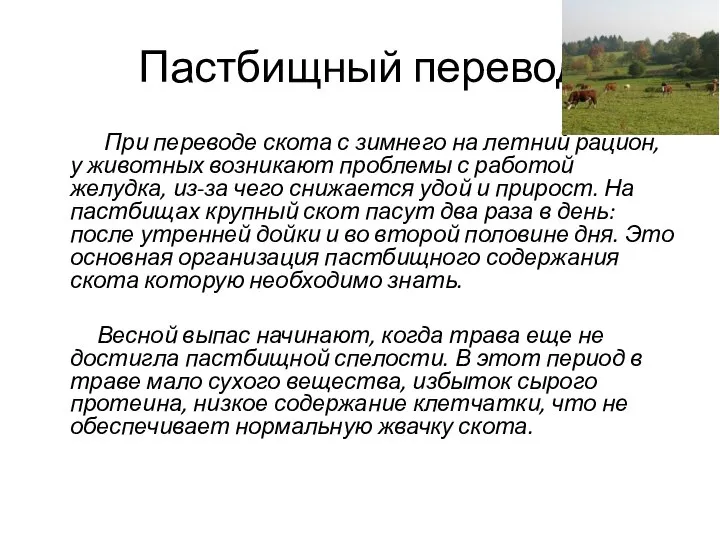 Пастбищный перевод При переводе скота с зимнего на летний рацион, у животных