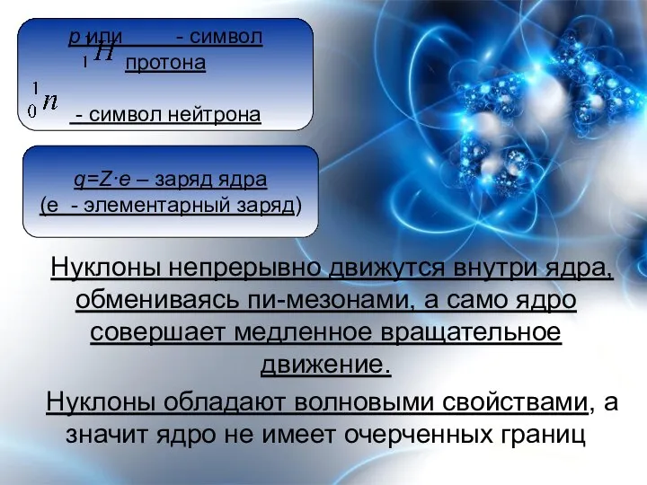 Нуклоны непрерывно движутся внутри ядра, обмениваясь пи-мезонами, а само ядро совершает медленное