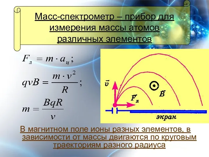 Масс-спектрометр – прибор для измерения массы атомов различных элементов В магнитном поле