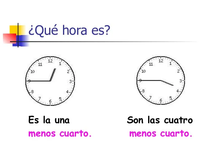 ¿Qué hora es? Es la una Son las cuatro menos cuarto. menos cuarto.