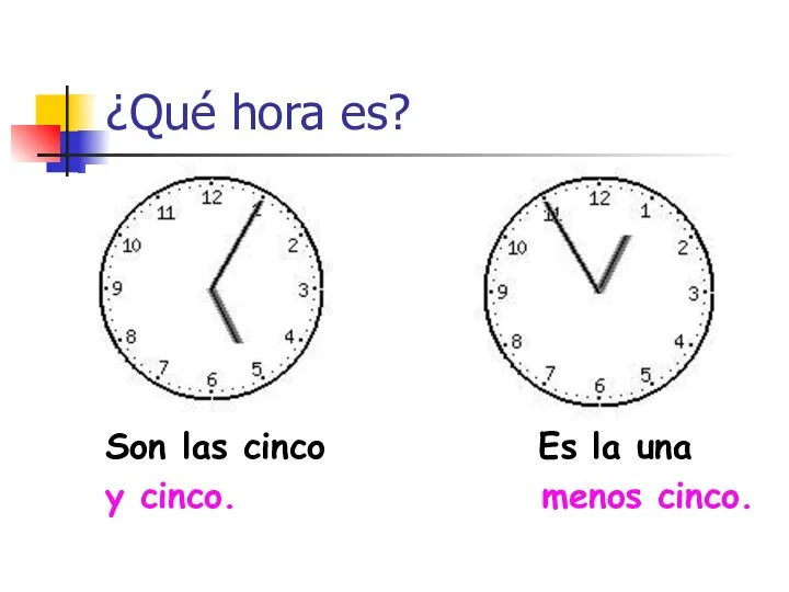 ¿Qué hora es? Son las cinco Es la una y cinco. menos cinco.