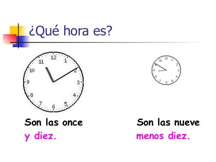 ¿Qué hora es? Son las once Son las nueve y diez. menos diez.