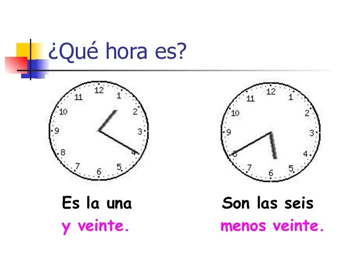 ¿Qué hora es? Es la una Son las seis y veinte. menos veinte.