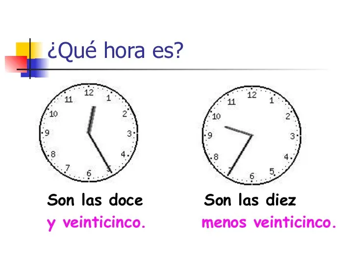 ¿Qué hora es? Son las doce Son las diez y veinticinco. menos veinticinco.