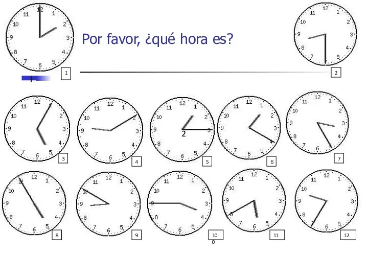 Por favor, ¿qué hora es? 1 2 2 3 4 6 5