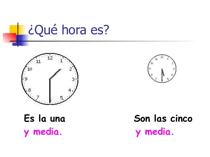 ¿Qué hora es? Es la una Son las cinco y media. y media.