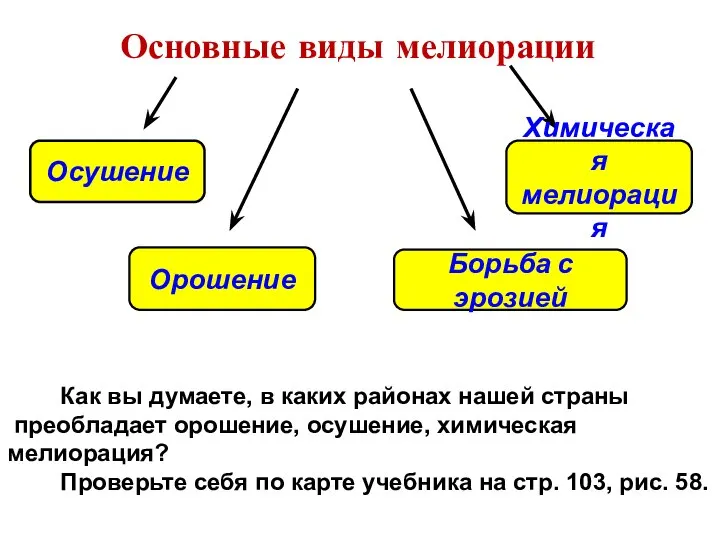 Основные виды мелиорации Осушение Орошение Борьба с эрозией Химическая мелиорация Как вы