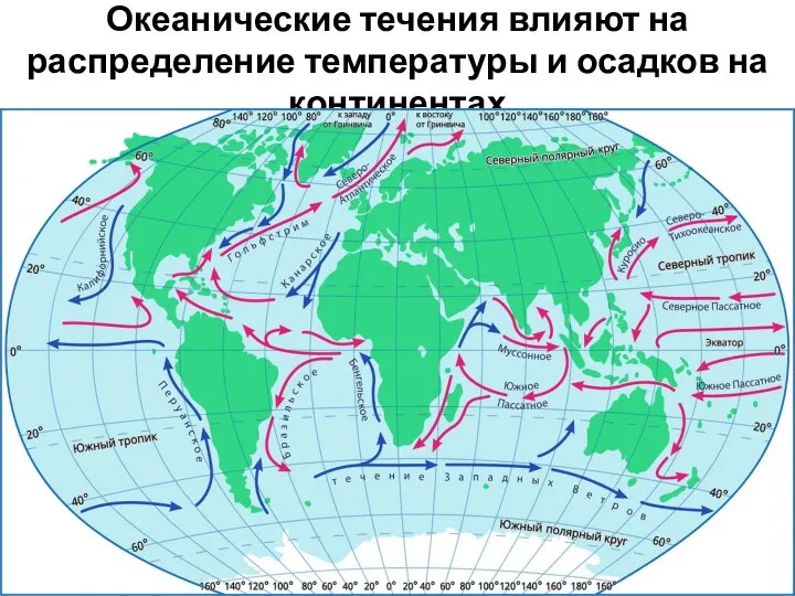 Океанические течения влияют на распределение температуры и осадков на континентах