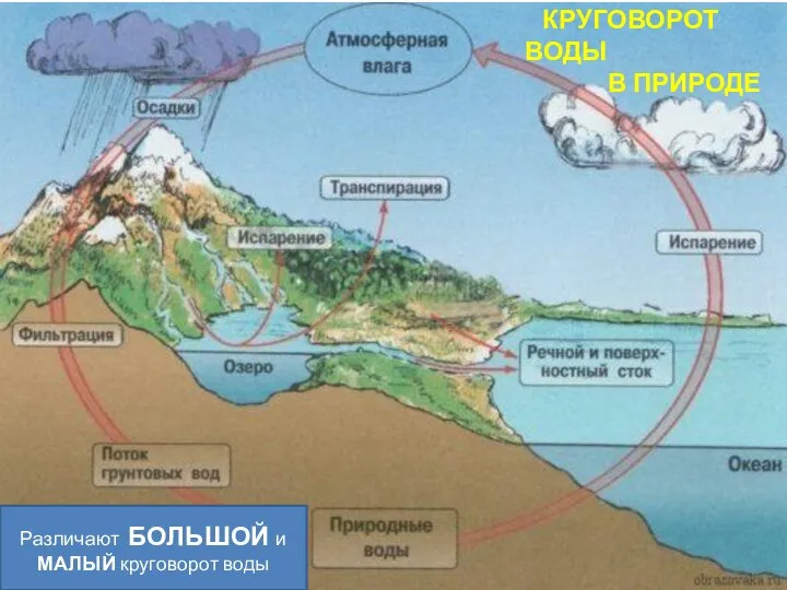 КРУГОВОРОТ ВОДЫ В ПРИРОДЕ Различают БОЛЬШОЙ и МАЛЫЙ круговорот воды